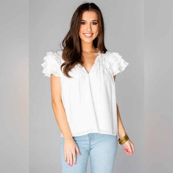Shop Buddy Love Carla Ruffle White Eyelet Top Sz M - Picture 2 of 10